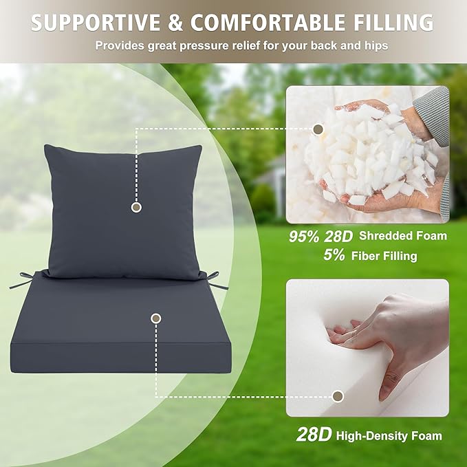 Outdoor Chair Cushions Set of 2, Waterproof Outdoor Cushions for Patio Furniture w/Fade-Resistant, Removable & Machine-Washable Covers, 19x19 Inch, Ideal for Seat in Gardens/Porch, Dark Grey