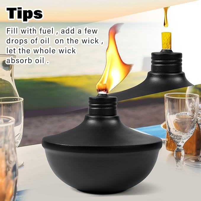 6-Pack Upgraded Tabletop Torches, 24 oz Citronella Torch Lights, Refillable Torch with Wicks, Covers, and Funnel Included - Ideal for Garden, Patio, Deck, Yard, Party, Landscape