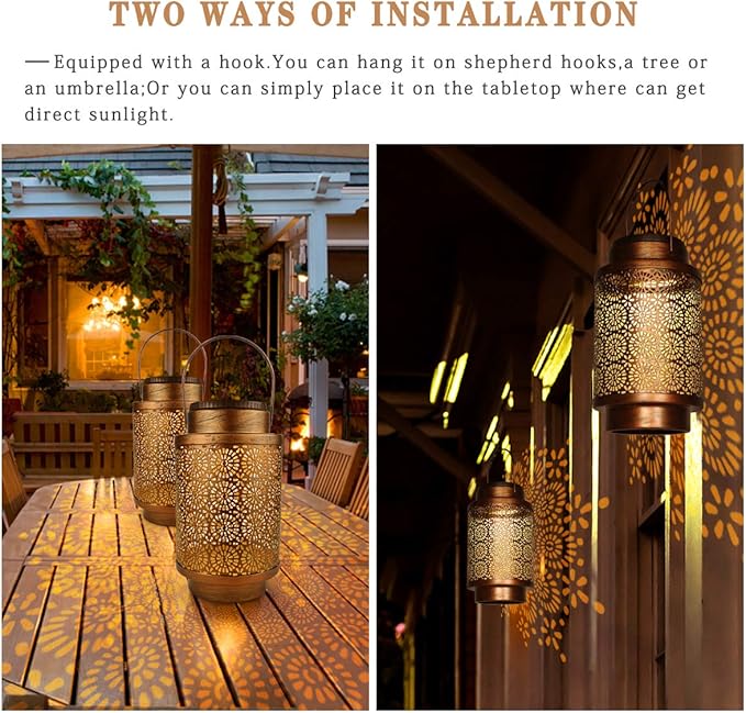 2 Pack Solar Lanterns Outdoor Waterproof, Hanging Led Lantern Garden Decorative, Metal Decorative Garden Lights, Solar Outdoor Lights Decor for Table Patio Garden Yard Pathway, Bronze, T00012