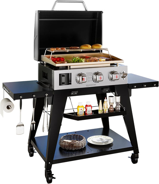Brand-Man 3-Burner Portable Propane Gas Griddle with Lid - 28,000 BTU Flattop Griddle Grill, 504 Sq. In., Folding Side Tables, Rolling Cart for Outdoor BBQ, Camping, Patio