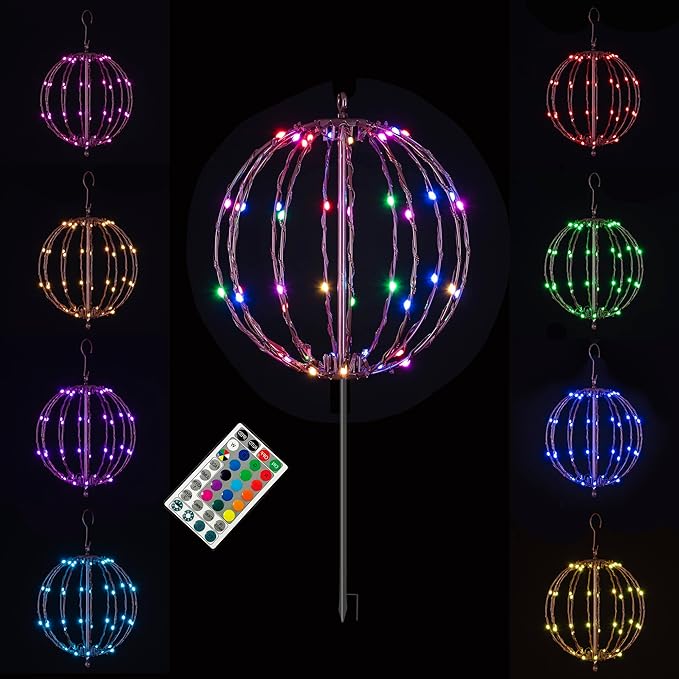 Christmas Ball Light Sphere, 10IN 48LED Hanging Tree Light and Pathway Lights with Hook and Stake, Foldable Metal Frame Light Ball for Outdoor Garden, UL Listed, Brown Frame, RGB