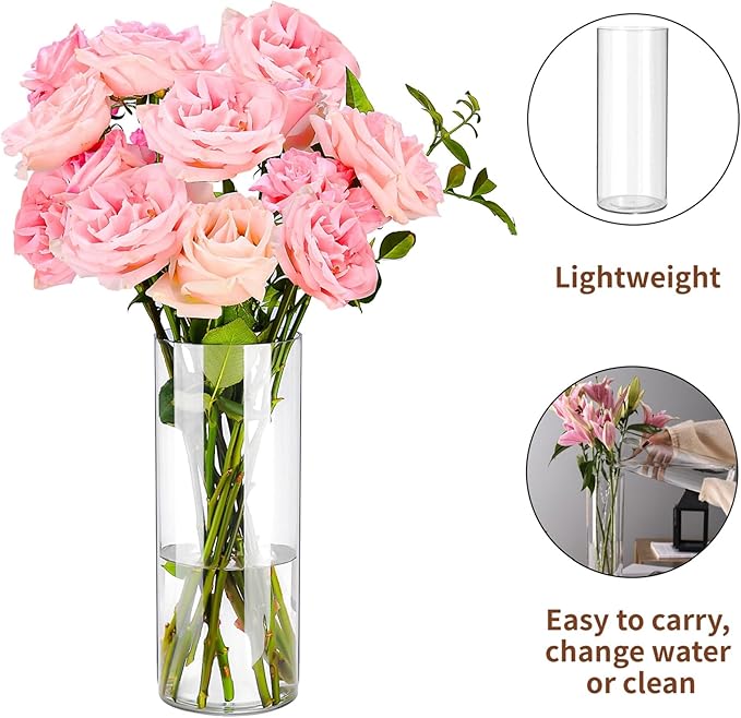 Clear Flower Vase, Non-breakable Vases, 4" W x 16" H, Acrylic Vase, Aesthetic Room Decor Cylindrical Modern Flower Vases for Table Centerpiece, Home Decor, Women Floral Arrangement Gift