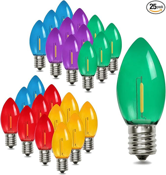 25 Pack C9 LED Replacement Christmas Light Bulbs Multicolor, Waterproof Shatterproof Outdoor String Lights Vintage LED Filament Bulb, E17 Base, Commercial Grade Holiday Decoration Bulbs