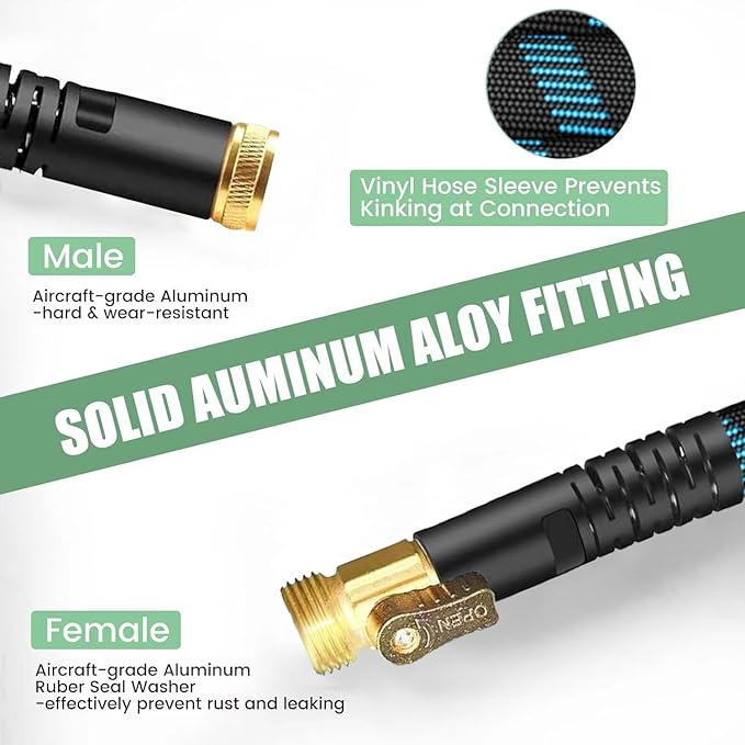 50Ft Non-Expandable Garden Hose, Flexible Water Hose with 10-Pattern Spray Nozzle, Lightweight Hose Pipe, Kink-Free, Leak-Proof, 3/4" Solid Metal Fittings