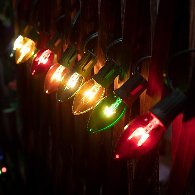 C9 Bulb String Lights Outdoor 100 Feet Multicolored Christmas Lights Green Wire for Outdoor Patio Room Christmas Tree Party Backyard Xmas Decoration, E17 Base, 100+4 Bulbs, Not Connectable