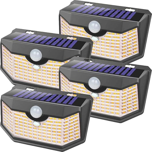 HMCITY 120 LED Outdoor Solar Lights- with Motion Sensor and 3 Lighting Modes, IP65 Waterproof Wide Solar Wall Lights Ideal for Garden Patio Yard (Front Button 4Packs, Warm White)