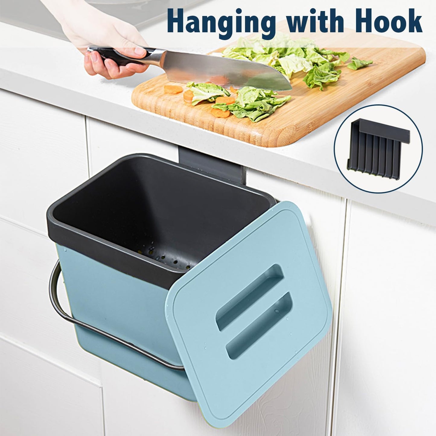 Compost Bin Kitchen, LALASTAR 7L Wall-Mounted Under Sink Small Garbage Can for Kitchen, Odor-Free Food Waste Basket Bin, 1.8 Gallons, Blue