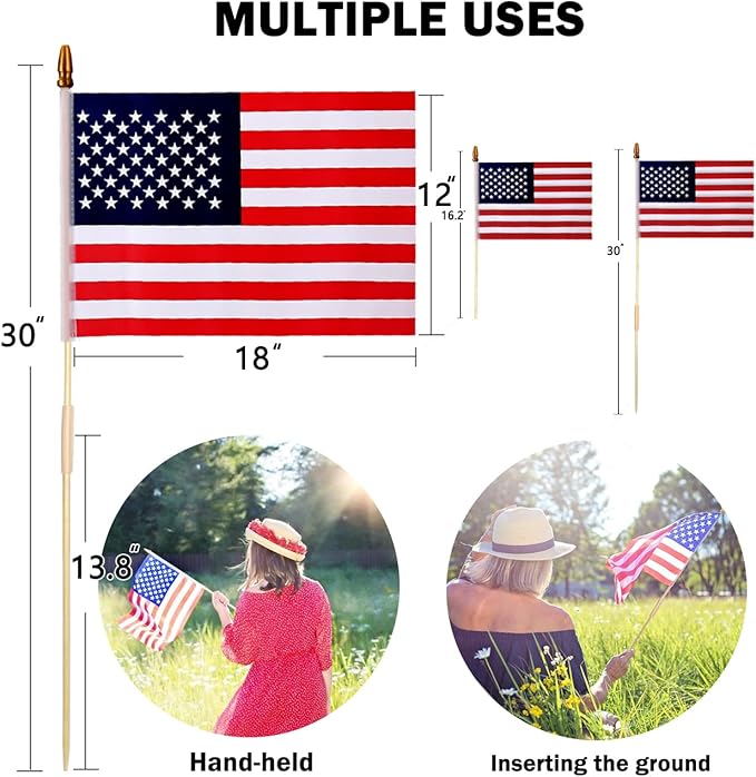 24 Pcs 12x18 Inch American Flags on Stick, American Flags, USA Stick Flag with Handheld and Grounded Multi-Purpose Flagpole, Design for Memorial Day, 4th of July, Veterans Day, Outside decorations