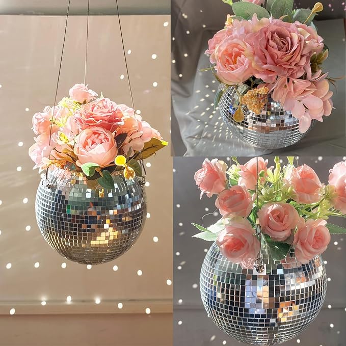 6inch Disco Ball Hanging Plant Pots,Plant Disco Ball Silver Mirror Disco Planter with Chain Hook for Indoor Outdoor Decor and Wooden Stand for Desk,Self Watering Insert Pots, Boho Disco Ball Planter