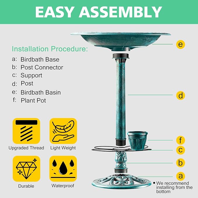 Bird Bath for Outside with 4 Removable Flower Planters 28in Polyresin Lightweight Vintage Birdbath Stake Standing Bowl and Water Feeder Yard Gardan Decor Green