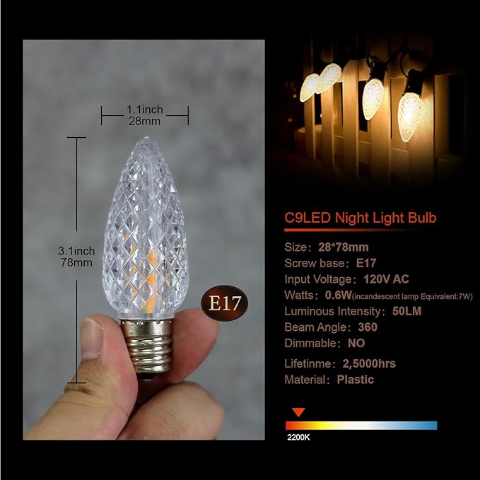 C9 Christmas Replacement LED Light Bulbs, E17 Base Commercial Grade Holiday Bulbs, 4W 5W 6W 7W Incandescent Equivalent, Warm White 2200K, Clear Plastic Bulbs for Christmas String Light - 50 Pack