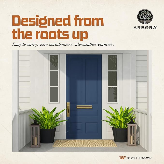 ARBORA 16" Monaco Square Polyresin Indoor and Outdoor Planter with Classic Black Finish - Durable, Weatherproof, Lightweight, Large Plant Pot for Patio, Garden, Deck, Entryway