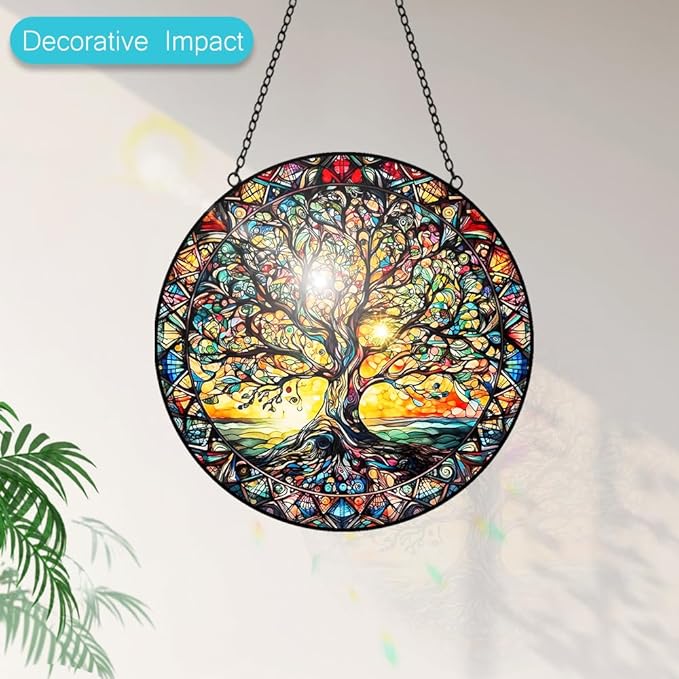 Tree of Life Suncatcher Stained Glass Window Hanging - 8″ Handmade Sun Catchers Indoor Window Valentines Day Decorations with Hooks and Chain - Wall Art Home Decor Panel Gifts for Women Men Mom Dad