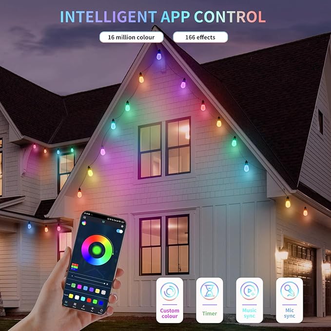 Outdoor String Lights 100FT, Outdoor Lights for Patio with 40 Dimmable RGBW LED Bulbs, IP66 Waterproof Shatterproof, with APP Control & Remote, 24V Adapter Color Change,for Backyard Decor