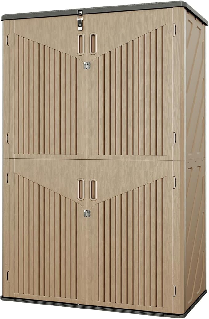 Aoxun Outdoor Storage Shed, 64 Cu.Ft Vertical Storage Sheds Outdoor with Floor, Outdoor Waterproof Storage Cabinet for Garage Storage, Pool Storage, Bike Shed, Garden Shed (Brown)