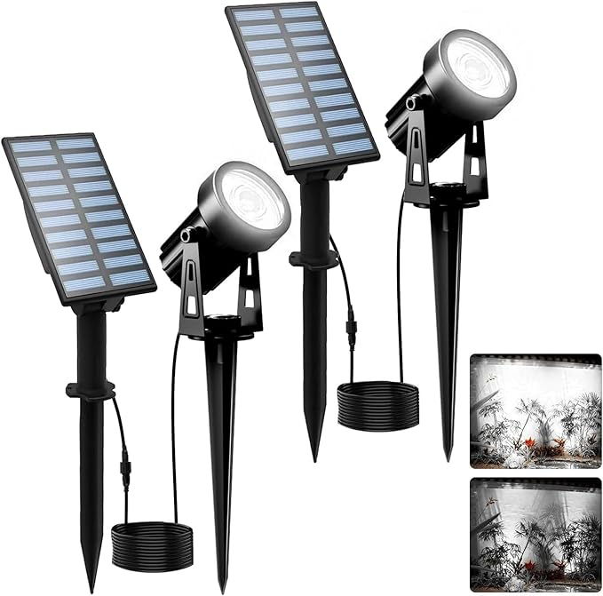 T-SUNUS Solar Garden Spot Lights, LED Solar Landscape Light Outdoor IP65 Waterproof 9.8ft Cable, Separated Solar Panel, Auto ON/Off for Garden, Driveway, Pathway, Pool Area (White 6000K)