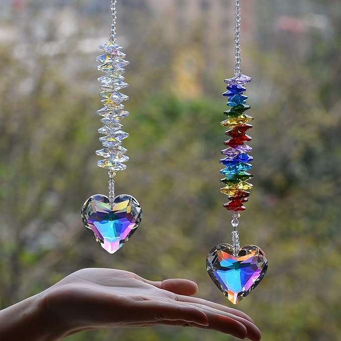 2PCS Exquisite Heart Crystal Sun Catcher Prisms, STINO Hanging Suncatchers with Glass Prism, Rainbow Maker for Windows, Balcony, Kitchen, Garden Decoration (1, Exquisite Heart 2Pcs)