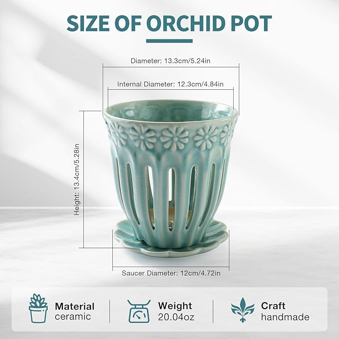 5" Ceramic Orchid Pot with Holes | Crackle Glazed Pot with Drainage and Separate Saucer | Ideal Plant Pot for Repotting Orchids and Other Flowers (Blue)