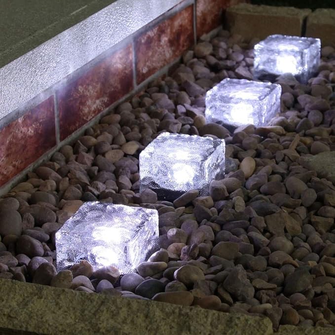 Solar Glass Brick Light - Solar Ice Cube LED Light - Crystal Brick Stone Lamp Garden Courtyard Pathway Patio Pool, Decorative Christmas Festives Ice Rock Cube Lights (4PCS White)