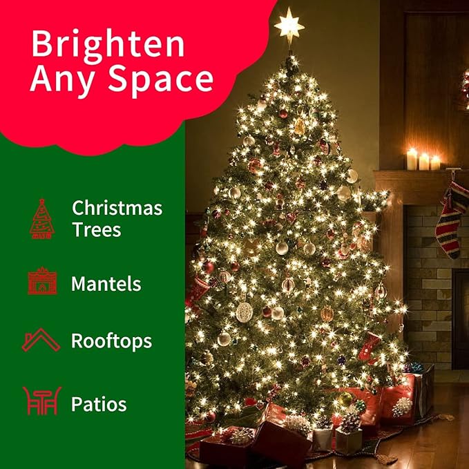 Ultra-Bright Connects End to End Warm White Christmas Mini Light 300L 63.8Ft(2Sets-Each 150L)UL Listed Incandescent Bulb String Light for Indoor Outdoor Holiday Garden Christmas Tree Decor