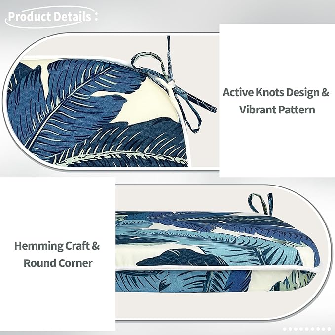 Indoor/Outdoor Chair Cushions 16x17 Inch, Patio Chair Cushions with Ties, All Weather Seat Cushions for Patio Furniture Home Garden Chair Use, Set of 4, Swaying Palms Blue