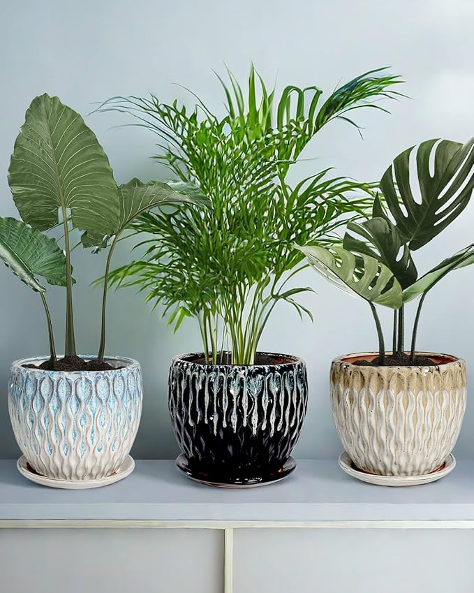 vensovo 7.5 Inch Ceramic Plant Pot with Drainage Holes and Saucer - Large Round Orchid Pot for Indoor Repotting, Ceramic Planter Maintain Air Circulation, Blue