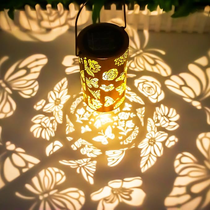 Butterfly Solar Gardening Gifts Lanterns Decorative Outdoor, Flower Pattern Solar Hanging Lights Waterproof, Garden Decor for Women Mom Grandma, Yard Gifts for Patio, Pathway, Landscape