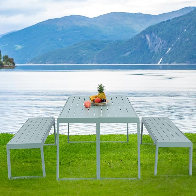 Aoodor 3-Piece Outdoor Patio Dining Set, Aluminum Furniture Set with 1 Rectangular Picnic Table and 2 Benches for Garden, Lawn, Yard