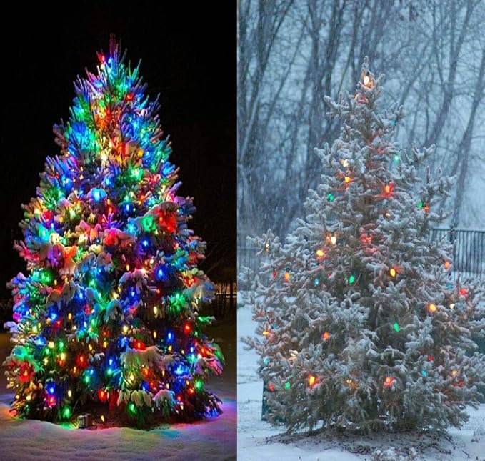 Abeja 25FT Outdoor C7 Multicolor Light, Vintage Christmas String Lights with 27 Multicolor Ceramic Bulbs (2 Spare), Hanging Christmas Lights for Outdoor Xmas Patio Wedding Party Garden Decor