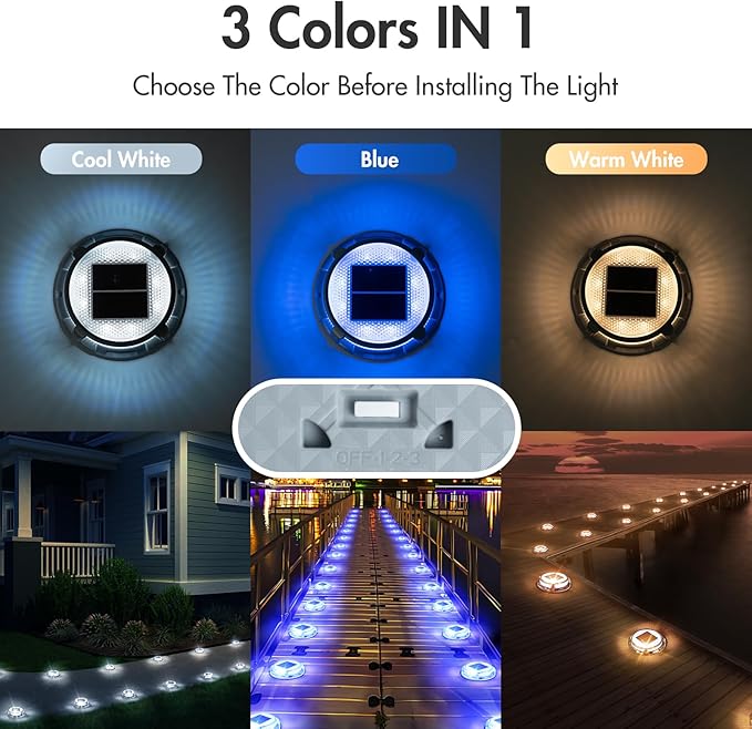 Quntis Solar Deck Lights for Outside, 3 Color Modes Solar Driveway Lights Outdoor IP68 Waterproof, Deck Light for Stair Pathway Walkway Road (Blue/Cool White/Warm White) 8 Pack