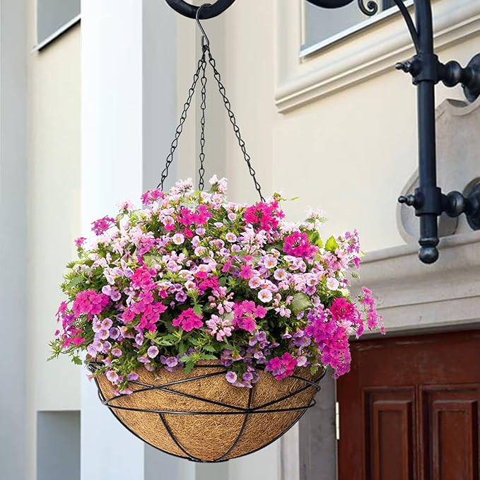 2 Pack 14 Inch Hanging Flower Baskets for Outdoor Plants Large Metal Wire Planters with Coco Liner Pot for Home Planting Round Watering Plant Holders for Outside Garden