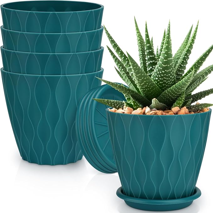 6 inch Plant Pots, 5 Pack Flower Pots Outdoor Indoor, Planters with Drainage Hole and Tray Saucer.