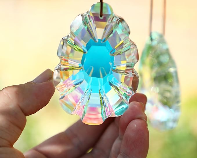 HDCRYSTALGIFTS Set 2 Crystal Sun Catchers for Window Protect Bird Strike, AB Colored 76mm Hanging Ornaments for Windows Rainbow Prism Suncatchers Garden Home Decor