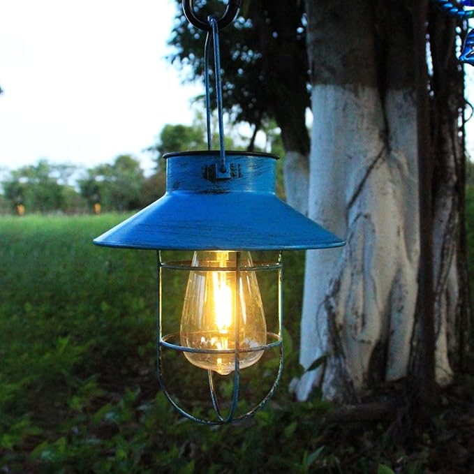 2 Pack Hanging Solar Lantern Lights with Shepherd Hook, Metal Waterproof Warm White Edison Bulb Lights for Garden Outdoor Pathway (Bule)