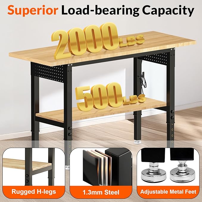 Adjustable Height Workbench, Heavy Duty Table Rubber Wood Workstation with Power Outlet & Pegboard for Garage, Office, Workshop, Home,Commercial (60"×22"|Shelf)
