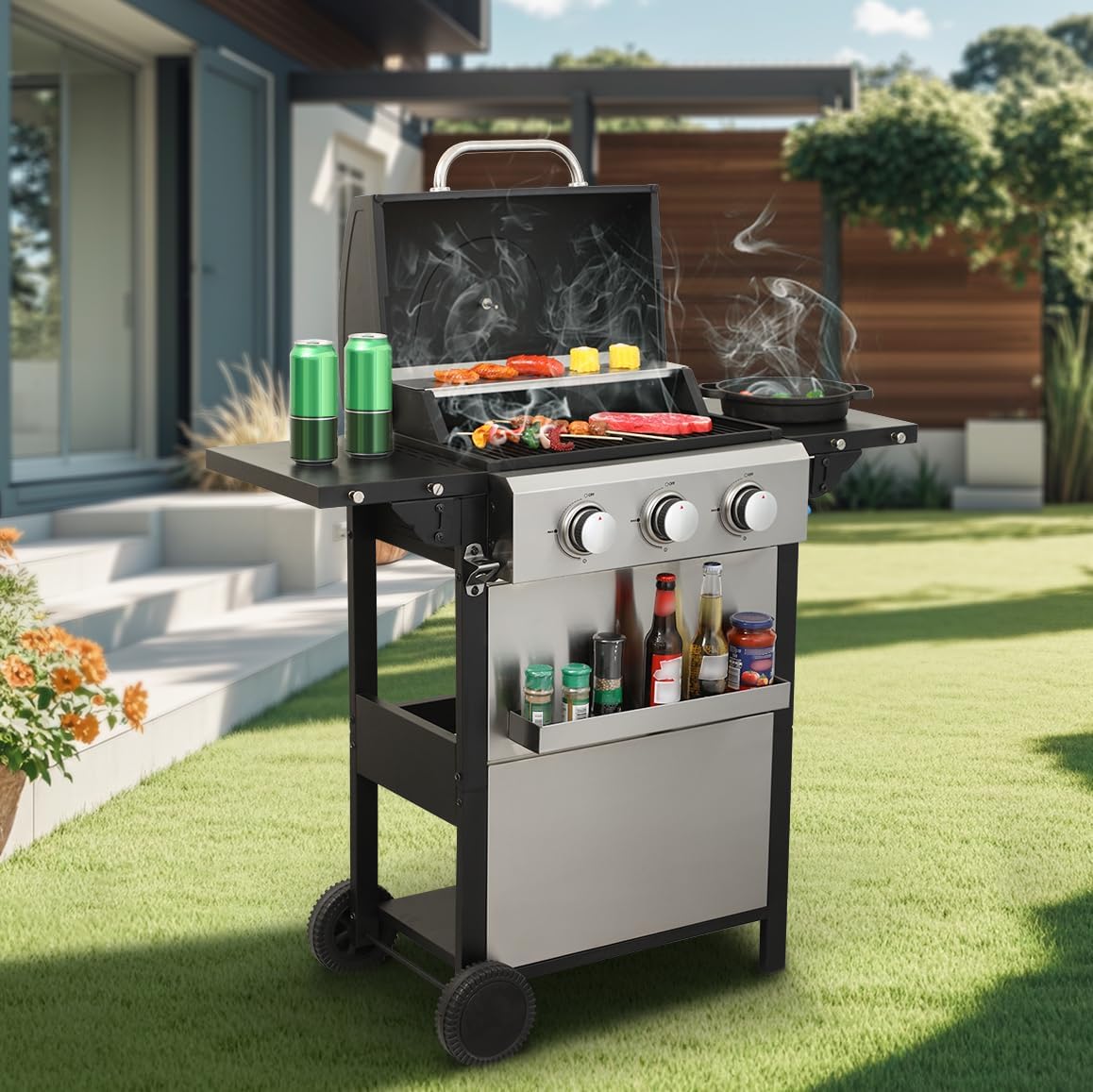 3-Burner Propane Gas Grill, 25,650 BTU Outdoor BBQ Grill with Stainless Steel Warming Rack, Enameled Cooking Grids, Built-in Thermometer & Foldable Side Tables - Portable Design with 6" Wheels