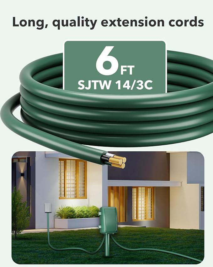 BN-LINK 24 Hour Mechanical Outdoor Multi Socket 6 Outlet Garden Power Stake with 6ft Cords, Outdoor Timer for Christmas Lights, ETL Listed, 125V, 15A/1875W