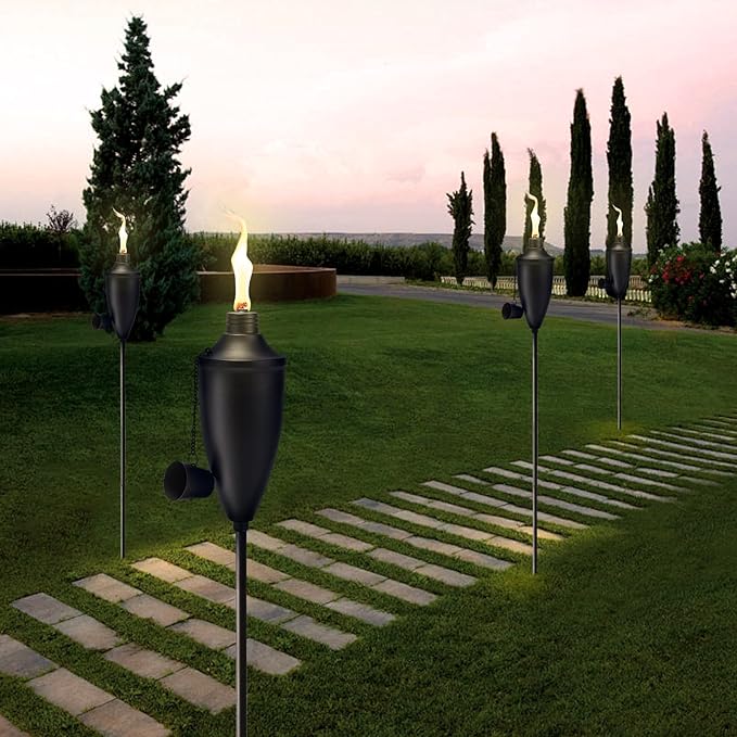 4 Pack Garden Torches for Outside， 22 oz Metal Citronella Torch with 3-Prong Grounded Stake, Perfect for Patio, Lawn, and Backyard Décor