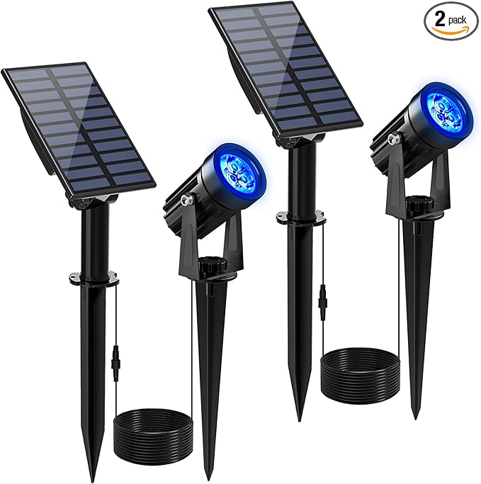 Blue Solar Spot Lights Outdoor,2 Pack Solar Landscape Spotlights IP65 Waterproof 9.8ft Cable, Auto On/Off Outdoor Wall Lights for Garden Yard Driveway Porch Walkway Pool (1-in-1)