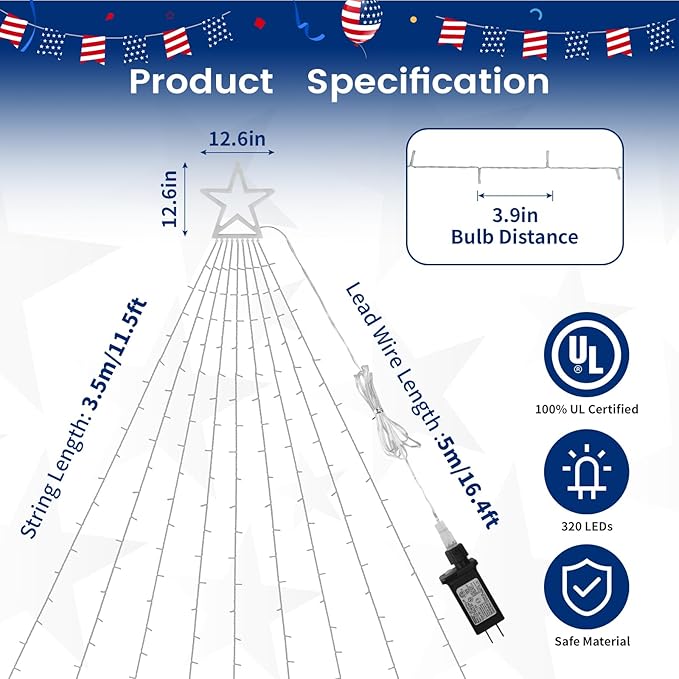 4th of July Decorations Lights, Red White Blue String Lights 320 LED 11.5 Ft Flag Stars Patriotic Light with Big Star Topper Waterproof 8 Light Modes for Indoor Outdoor Memorial Day Independence Day