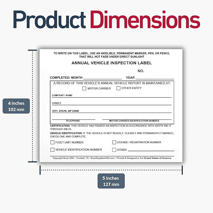 50 Pack Buck Annual Vehicle Inspection Label, 2-Ply Adhesive Vinyl with Mylar Laminate, FMCSA & DOT Compliant, Weatherproof, Tear Resistant, Easy to Write On, 5" x 4" - Made in USA