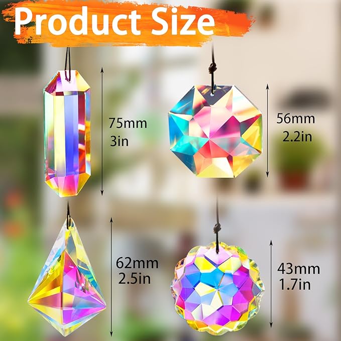 4PCS Colorful Crystal Prism Suncatcher Hanging Crystal Ornament for Window Sun Catchers Feng Shui Decor for Indoor Outdoor Home Garden Decoration