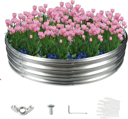 60 Inch Diameter Silver Galvanized Garden Raised Bed/Plant Box/Fire Pit Ring-0.8mm Thick,12 Inch Tall,Crimped Edge and Corner,No Sharpe,Perfect for Plantings (5FT Diameter, Round)