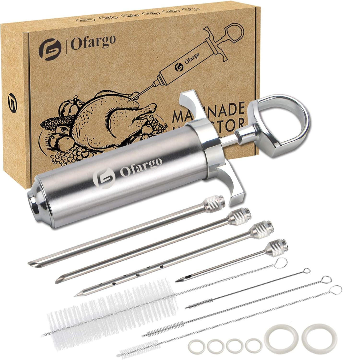 Stainless Steel Meat Injector Syringe Kit with 4 Marinade Needles for BBQ Grill Smoker, 2-oz Large Capacity, Both Paper User Manual and E-Book Recipe