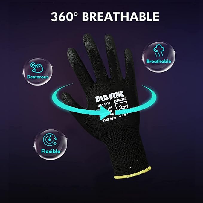 DULFINE Ultra-Thin PU Coated Work Gloves-12 Pairs,Excellent Grip,Nylon Shell Black Polyurethane Coated Safety Work Gloves, Knit Wrist Cuff,Ideal for Light Duty Work. (Large)