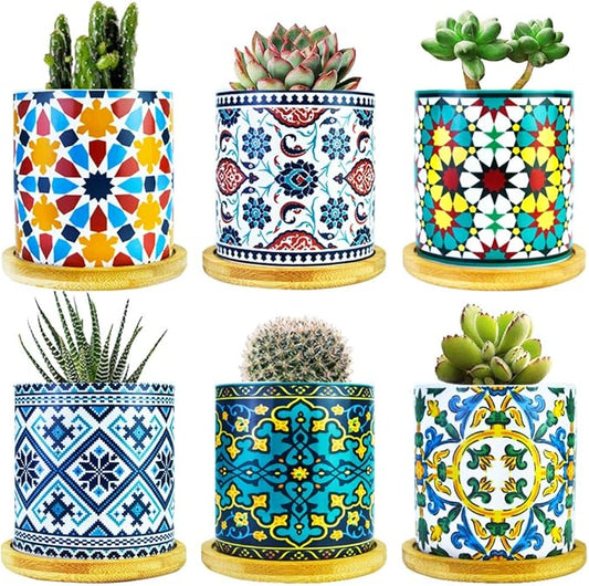 6 Pack Mandala Succulent Plant Pot with Bamboo Trays, Ceramic Multicolored Succulent Container Planter Pot for Small Plant