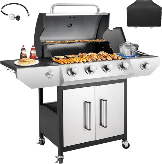 4-Burner Propane Gas BBQ Grill with Side Burner, Barbecue Gas Grill with Enameled Cast Iron Grates for Outdoor Patio Garden Barbecue, 53,000 BTU, Stainless Steel Grill Cover included