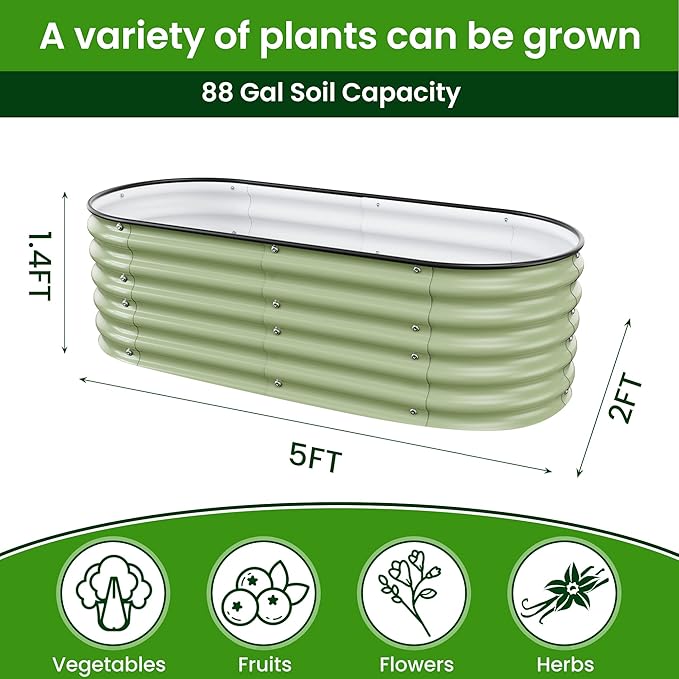 5x2x1.4 Ft Raised Garden Bed, Planter Box Outdoor with Rubber Edge Zinc-Aluminum-Magnesium Stainless Steel Durable Metal Garden Beds Kit for Vegetables, Flowers, Herbs and Succulents, Light Green