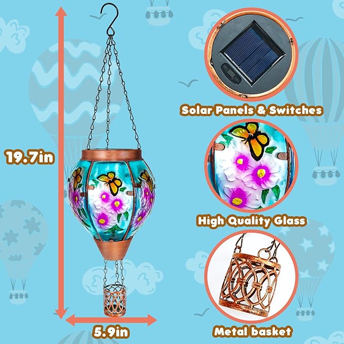 4 Pack Solar Hot Air Balloon Lantern with Flame， Butterfly Glass Outdoor Solar Lanterns for Outside Hanging Farmhouse Patio Pathway Decor, Butterfly Gifts for Women Grandma Mom - Butterfly