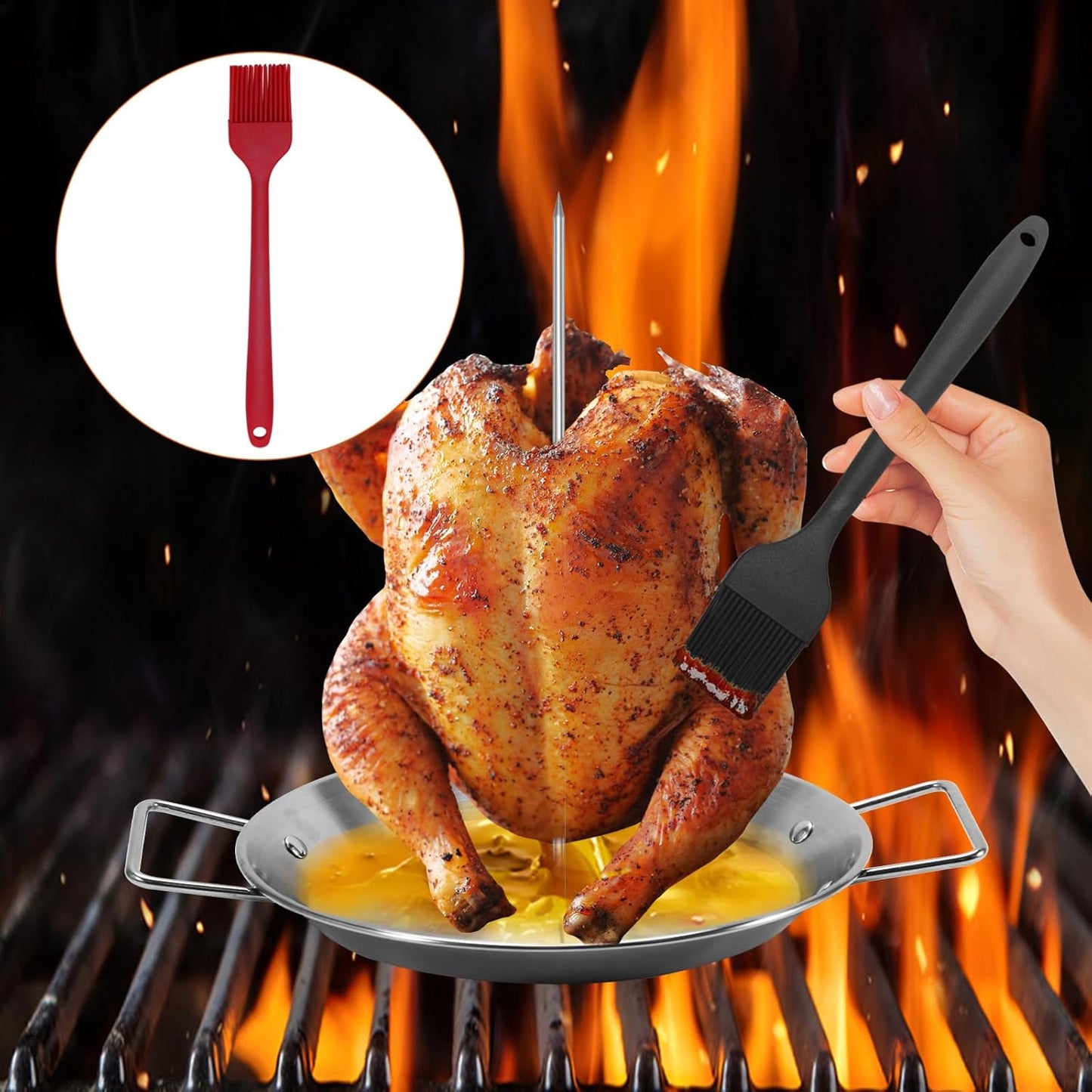 Al Pastor Skewer for Grill, Stainless Steel Vertical Skewer, Brazilian Vertical Spit with 3 Spikes(8”/10"/12”)& Brushes, for Tacos Al Pastor, Shawarma Kebabs Smoker Oven BBQ Dishes